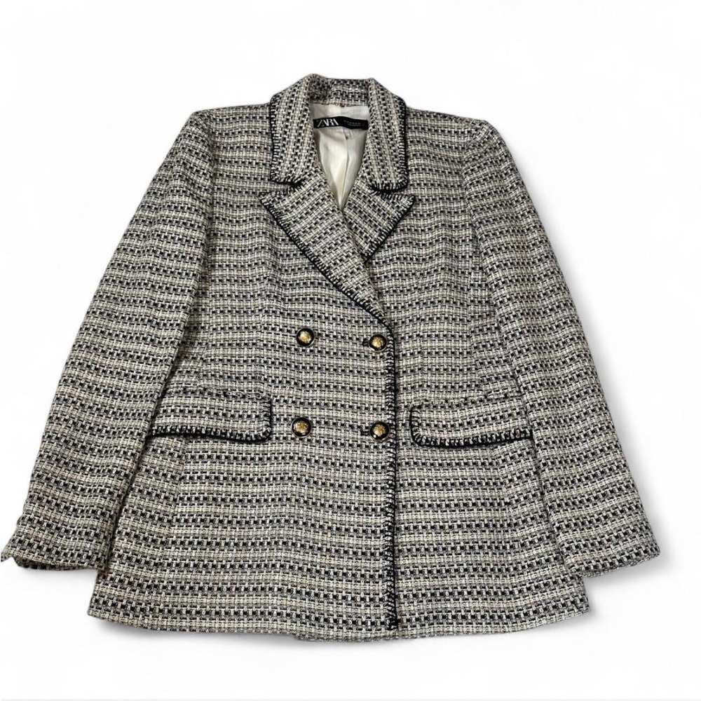 Zara Tweed Double-Breasted Blazer Gold Crest Buttons Size M Preppy
